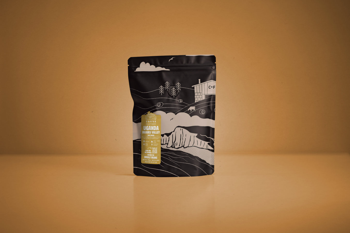 A stand-up pouch of coffee centered on a warm tan surface against a matching tan background. The pouch is black with white illustrated mountain and tree graphics and a small gold label on the front.