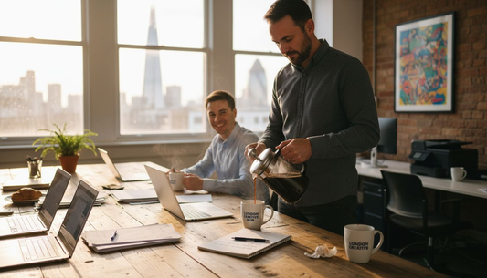 Office manager prepares coffee in communal workspace