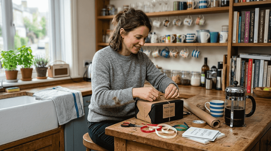 Woman wrapping coffee gift in UK kitchen