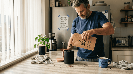 Man storing coffee beans in ceramic container