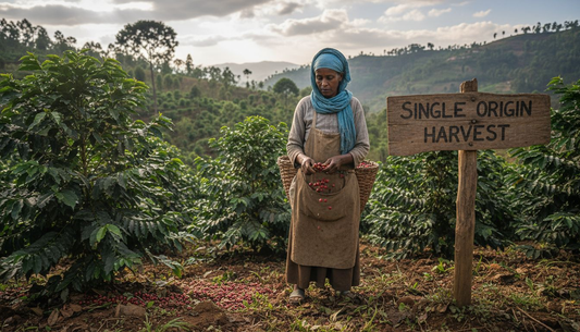 Coffee farmer picking origin beans hillside