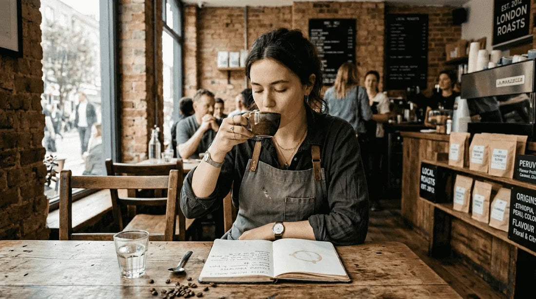 Barista tasting coffee in busy café