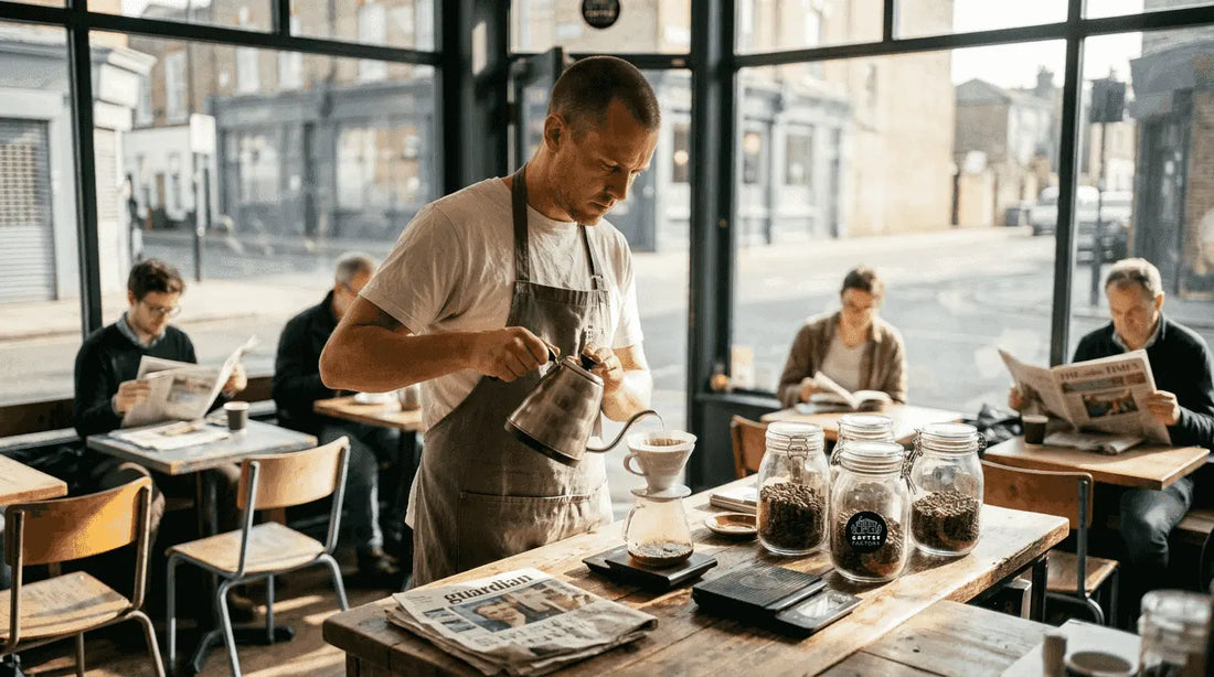 Barista making pour-over in UK coffee shop