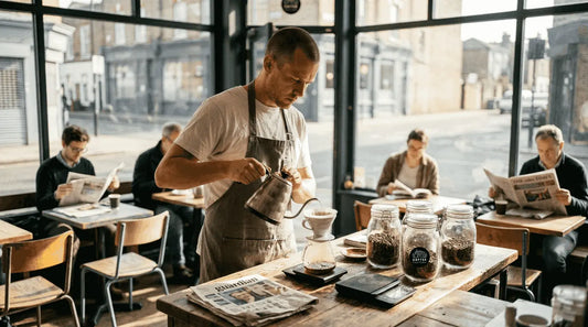 Barista making pour-over in UK coffee shop