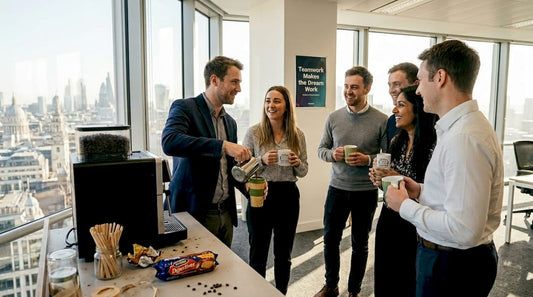 Team gathers for coffee in 6th-floor office