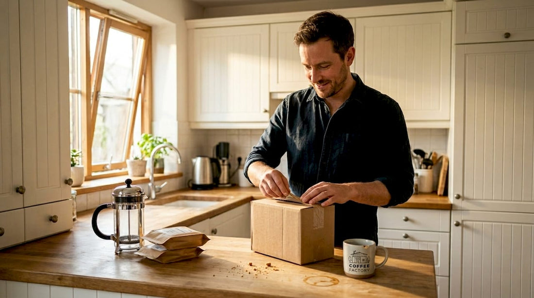 Man unboxing coffee subscription in kitchen