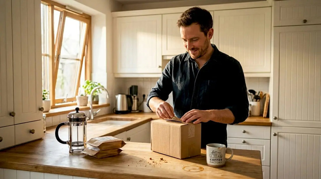 Man unboxing coffee subscription in kitchen