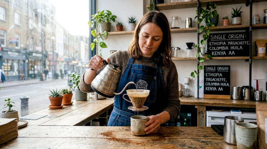 Barista preparing coffee in eco-friendly urban café