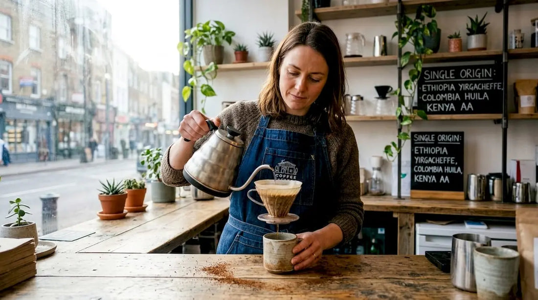 Barista preparing coffee in eco-friendly urban café