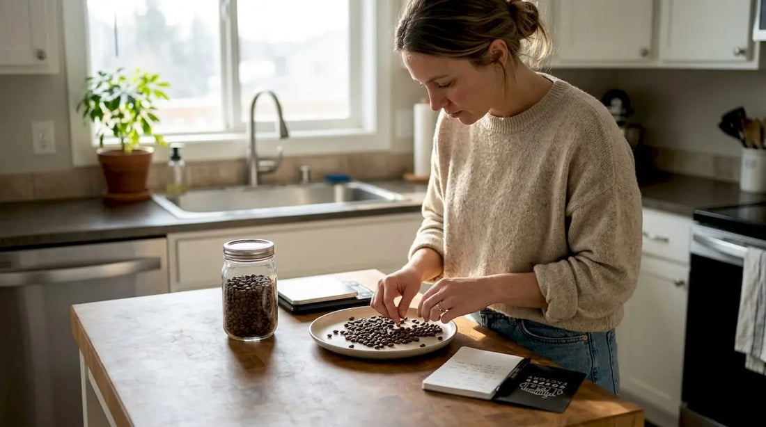 Woman examines coffee beans in kitchen
