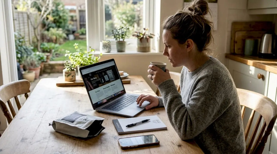 Woman ordering coffee online at kitchen table