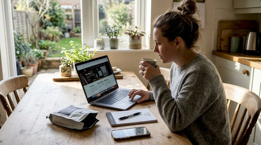 Woman ordering coffee online at kitchen table