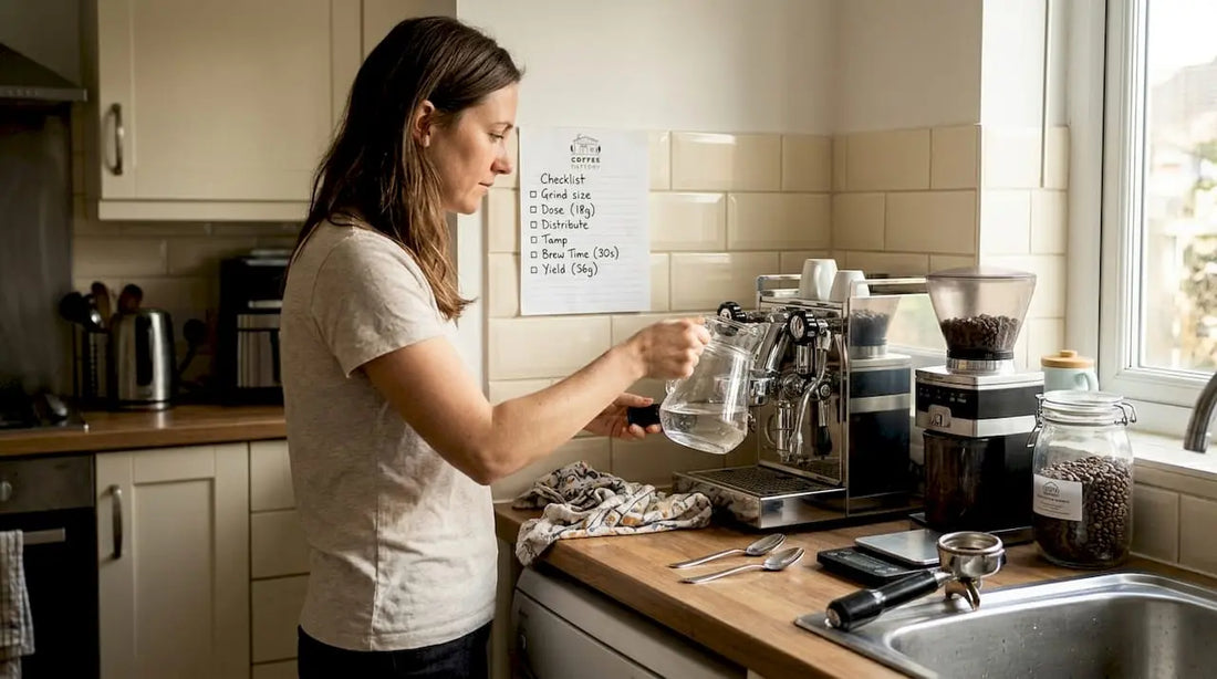 Home barista using coffee shop checklist