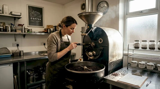 Barista monitoring beans in coffee roaster