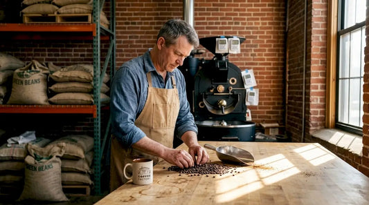 Coffee roaster sorting beans in urban workspace