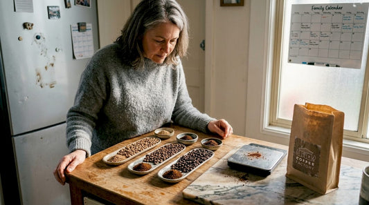 Woman inspecting coffee beans at kitchen counter
