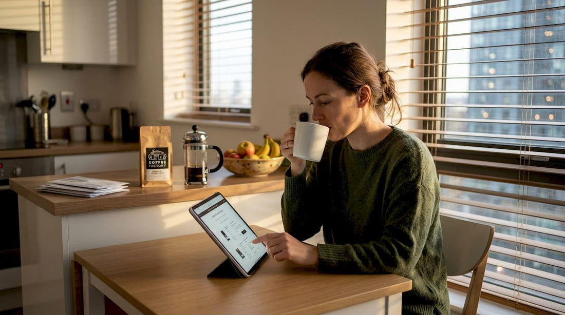 Woman ordering coffee online in kitchen