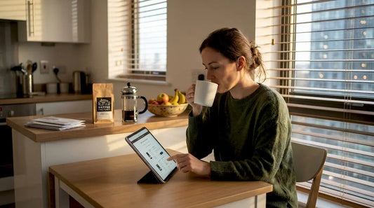Woman ordering coffee online in kitchen