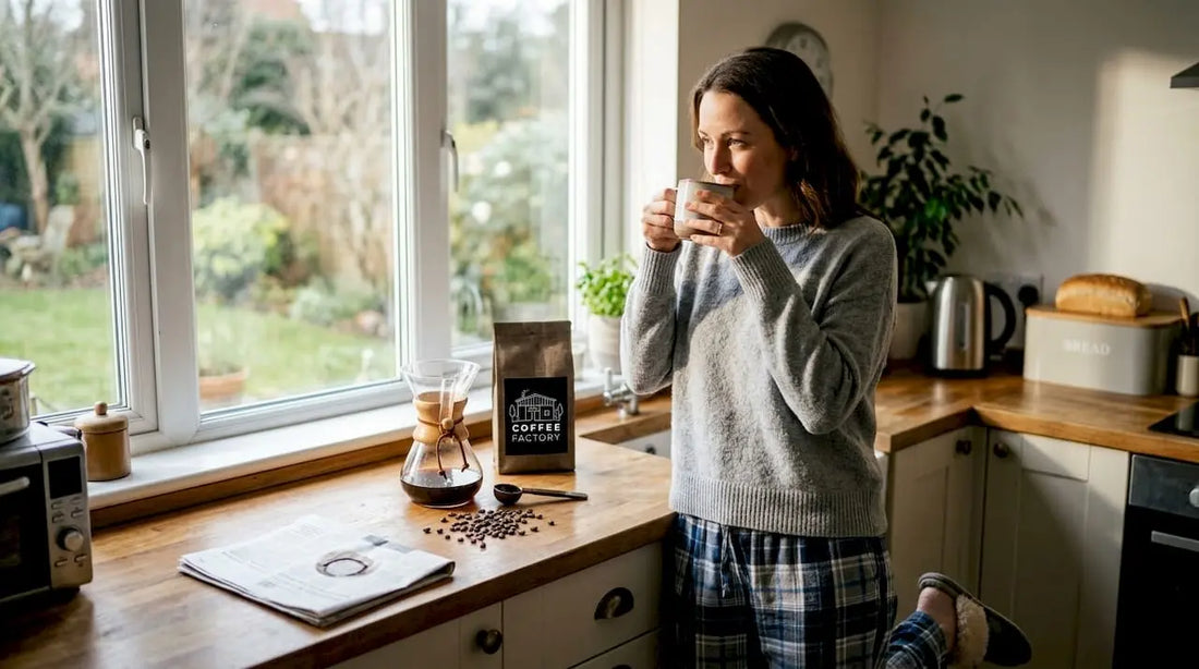 Woman enjoying fresh coffee in home kitchen