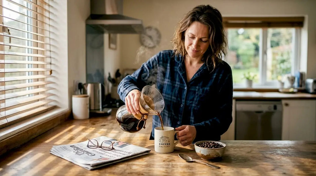 Woman pouring morning coffee in home kitchen