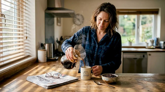 Woman pouring morning coffee in home kitchen