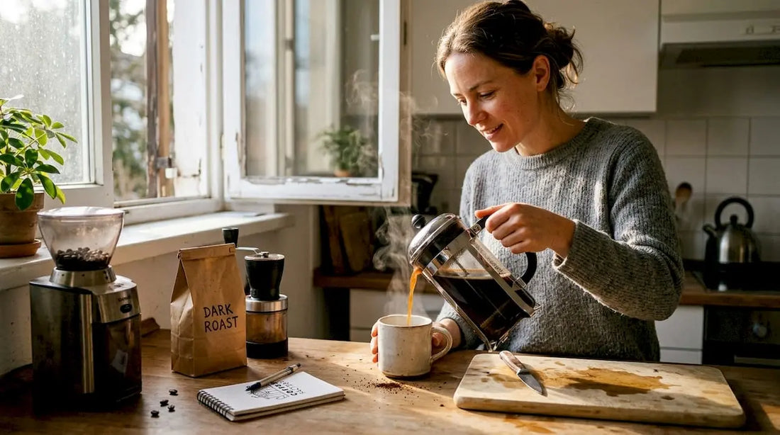 Woman brewing dark roast coffee at home