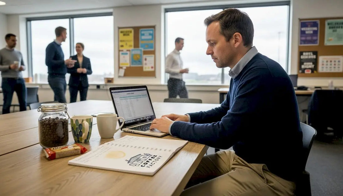 Office worker tallying bulk coffee orders on laptop