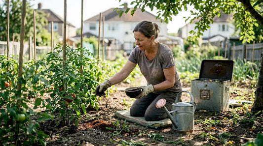Gardener adding coffee grounds to vegetable soil