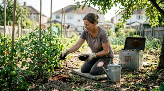 Gardener adding coffee grounds to vegetable soil