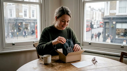 Woman opening premium coffee gift at kitchen table