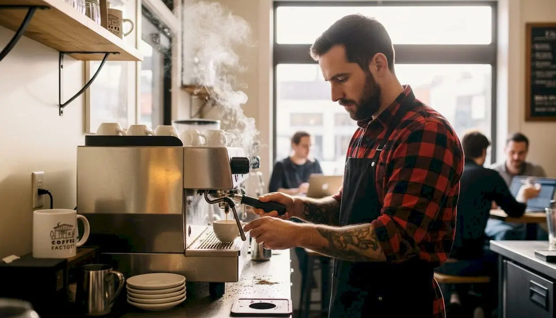 Barista prepares espresso in busy café