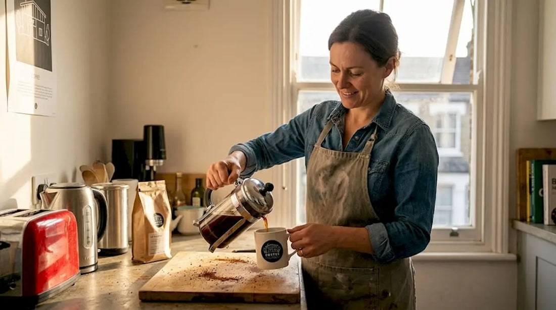 Woman pours coffee using cafetiere in kitchen