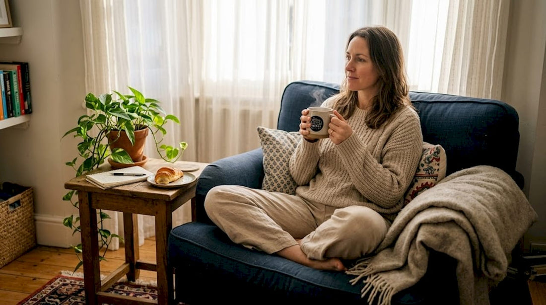 Woman with coffee mug in sunlit living room