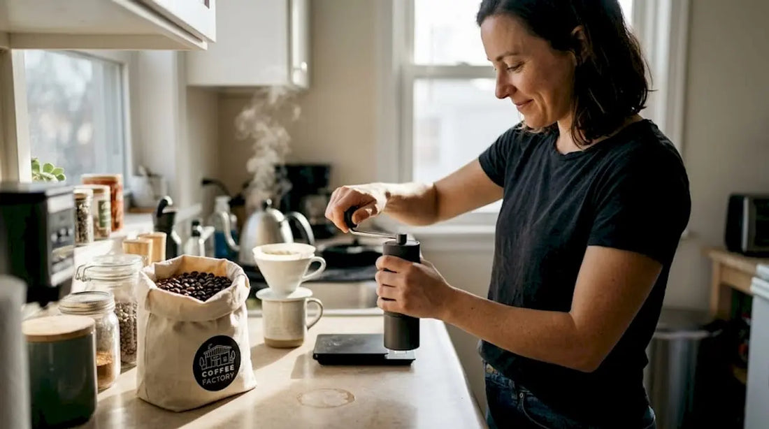 Woman grinding coffee beans in bright kitchen