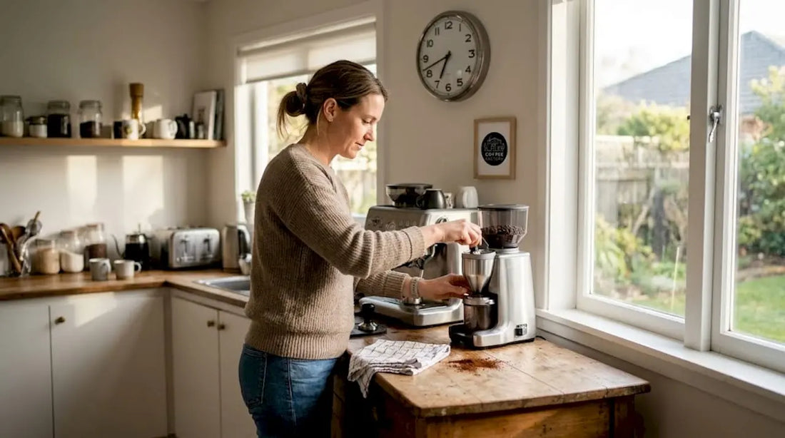 Woman using home coffee bar in sunlit kitchen