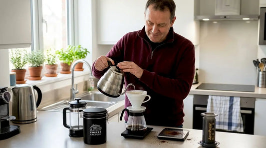 Man brewing coffee with various methods in kitchen