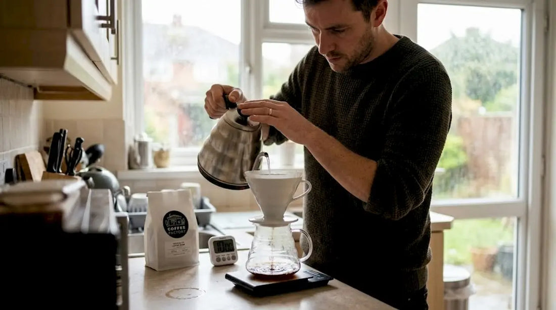 Man making pour over coffee in home kitchen