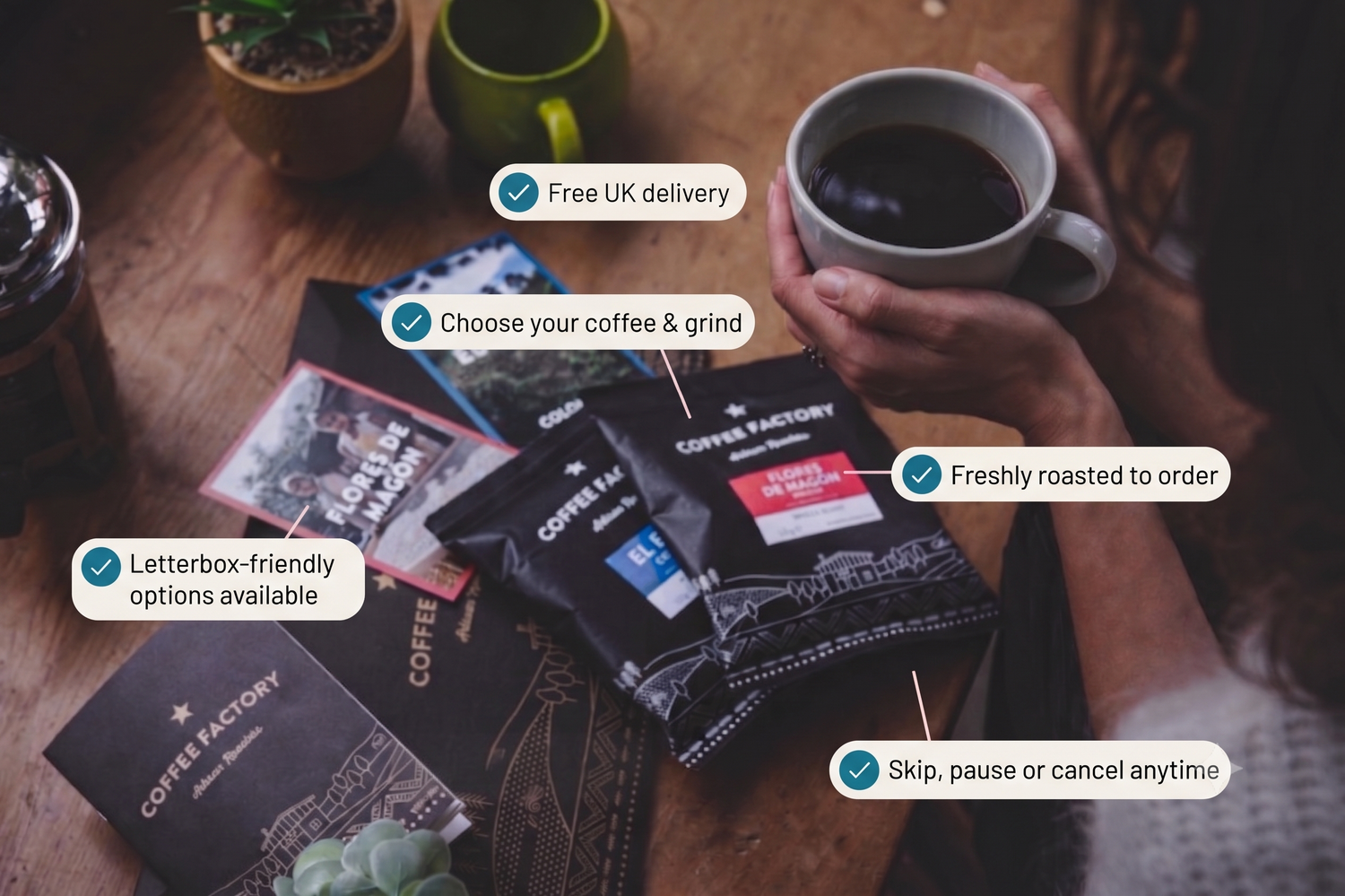 A person holds a mug of black coffee on a wooden table while several Coffee Factory tea and coffee packet boxes are arranged nearby. White callout labels with checkmarks highlight features such as free UK delivery, choosing coffee and grind, freshly roasted to order, letterbox-friendly options, and skip/pause/cancel anytime.