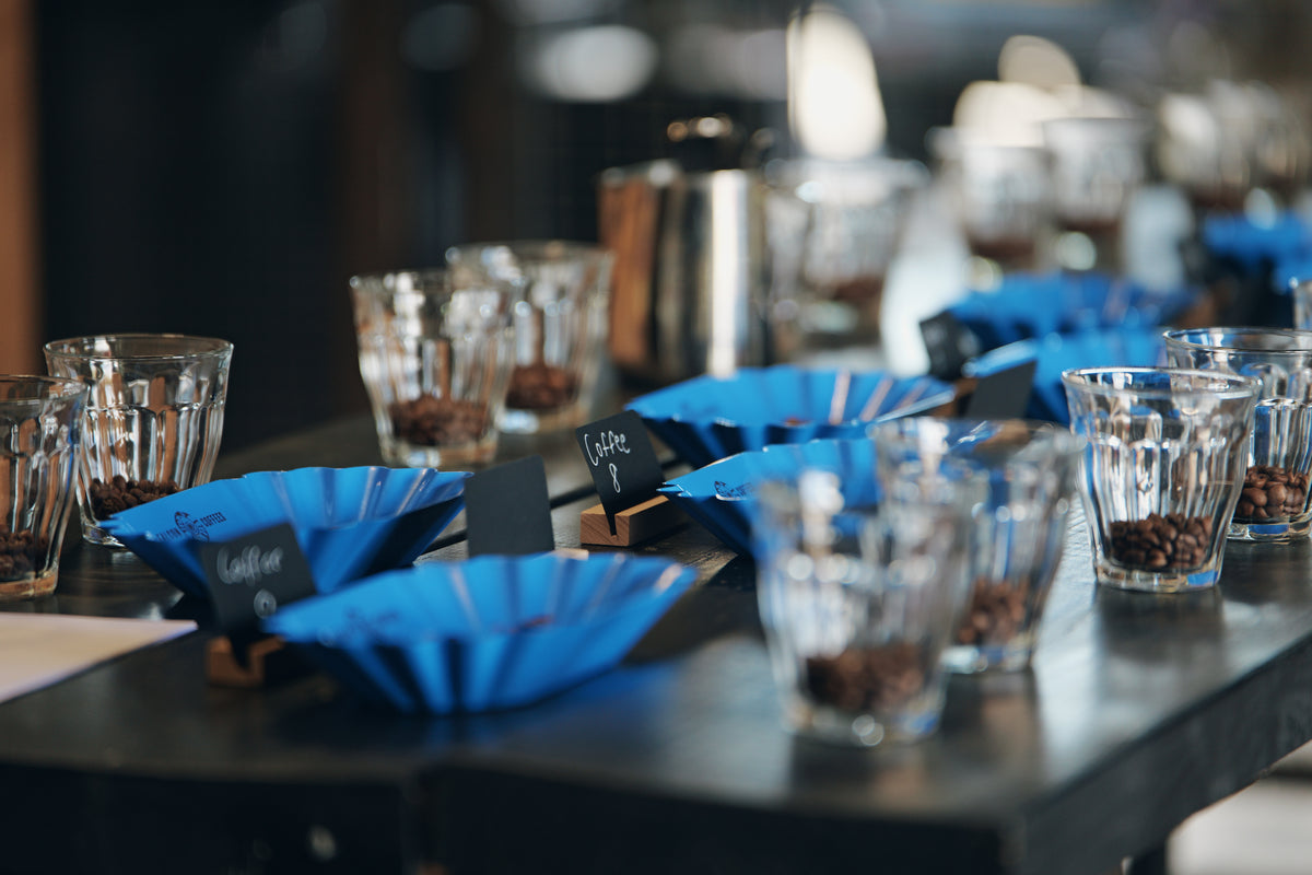 Cupping table set with blue sample bowls and coffee beans at The Coffee Factory