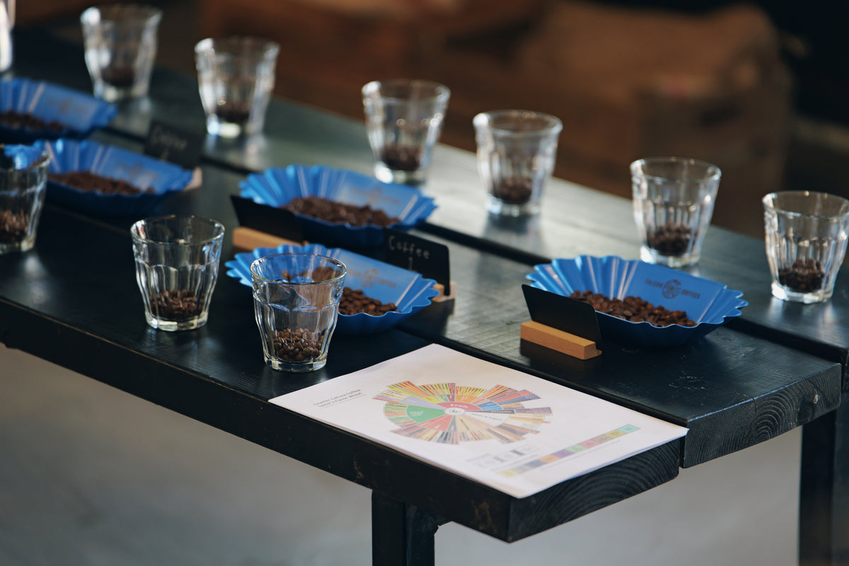 Coffee cupping table with sample bowls, glasses and a flavour wheel