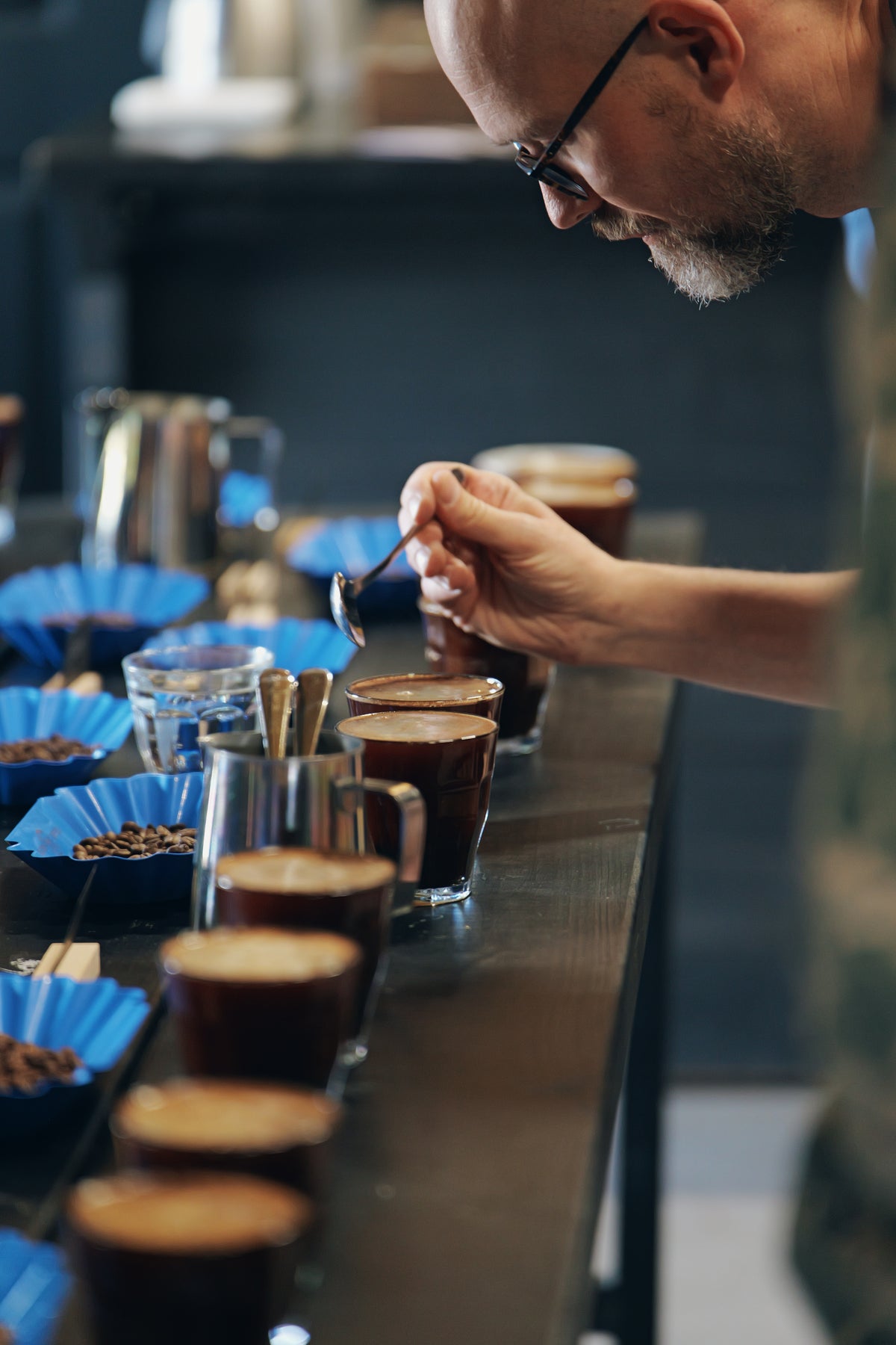 Coffee Factory roaster cupping specialty coffee at the Devon roastery