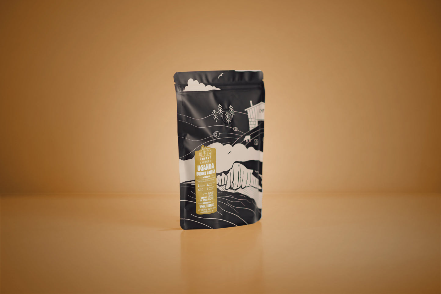 A single stand-up pouch package centered on a warm tan background. The pouch is mostly black with white illustrated graphics and a gold label on the front.