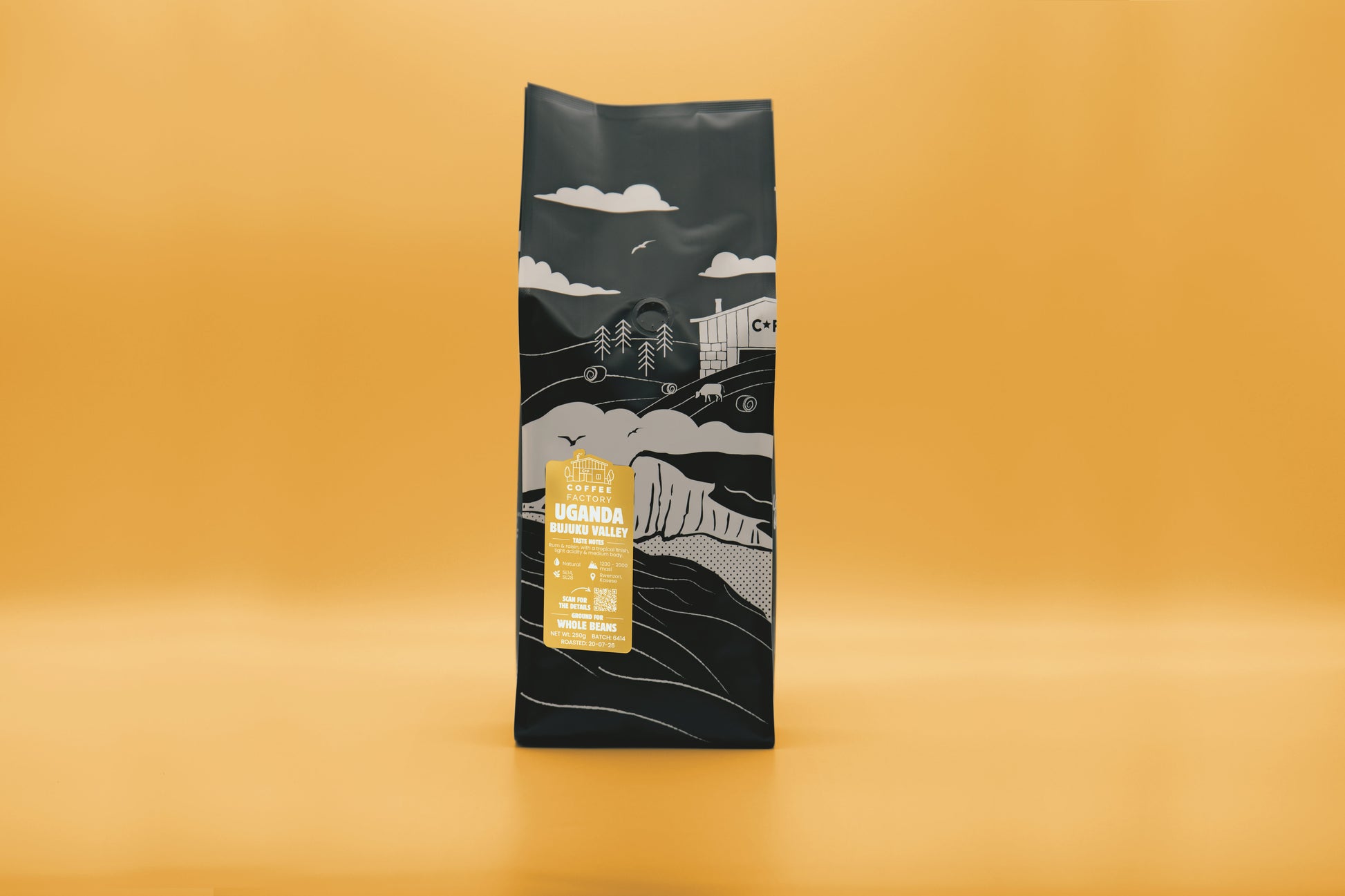 A tall black coffee bag with a stylized white and gray landscape illustration and a gold label, standing upright against a warm orange background.