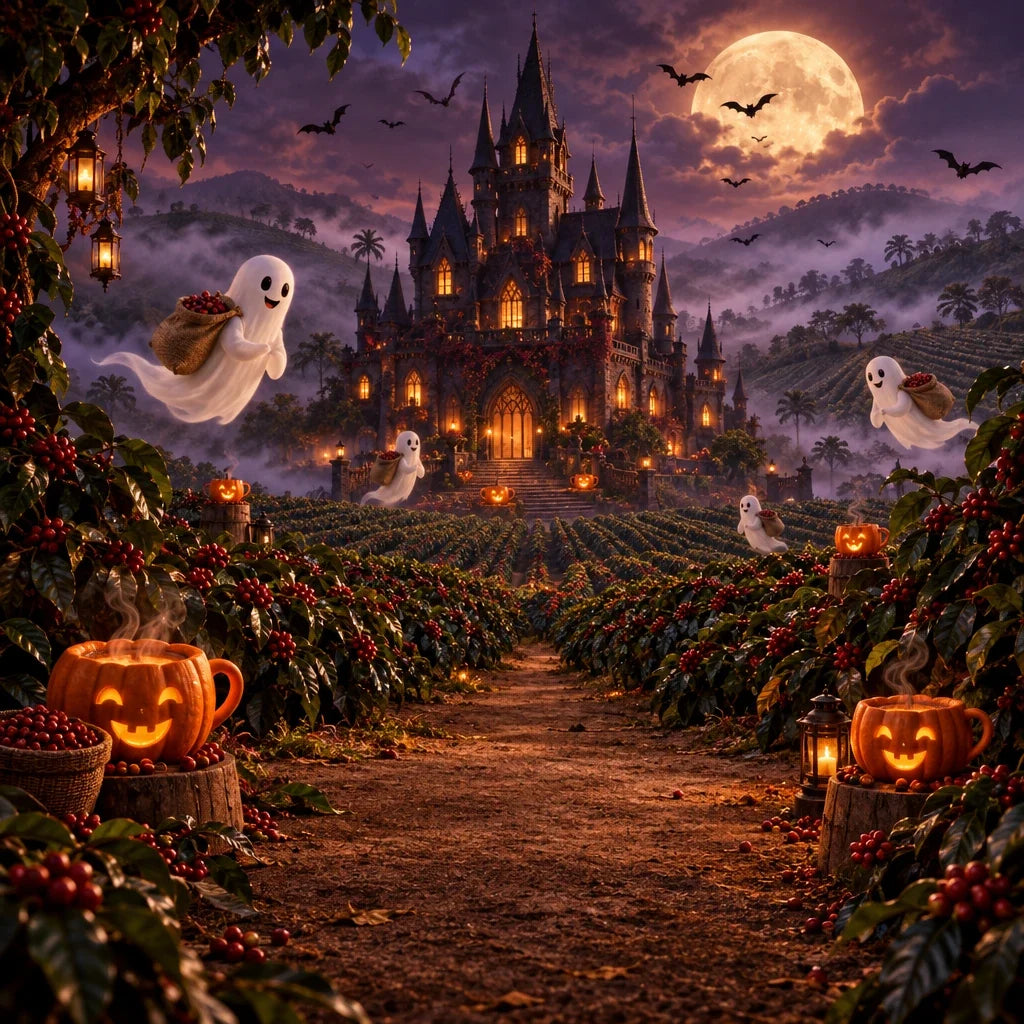 Franken Brew Halloween - spooky coffee farm castle at night