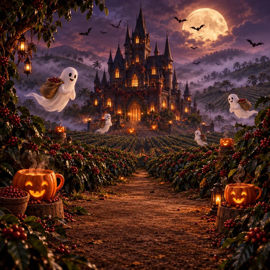 Franken Brew Halloween - spooky coffee farm castle at night